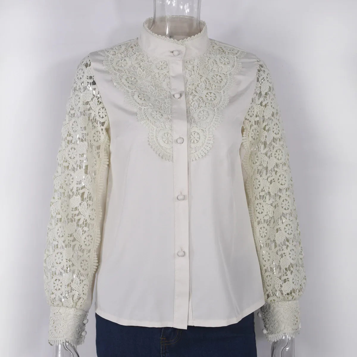 Women's Blouses White Office Spring Casual Button V-neck Long Sleeve Elegant Hook Flower Hollow Shirt For Female