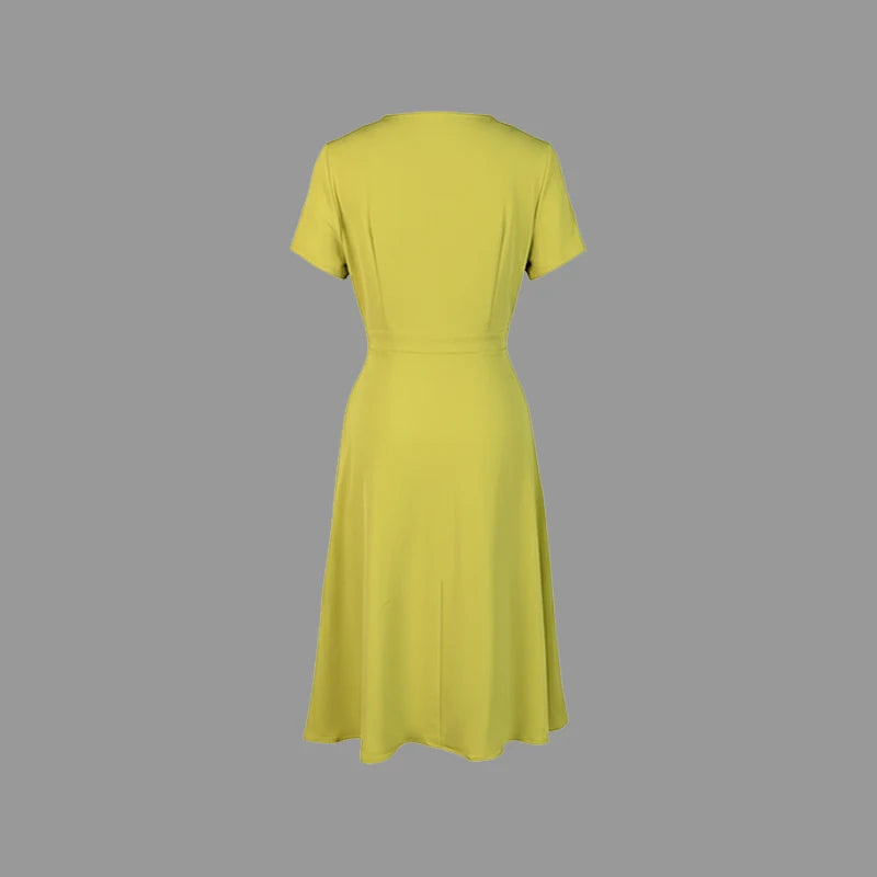 Green Yellow Officewear Dresses for Women 2026 Spring Summer O Neck Short Sleeve Bow High Waist Folds Elegant Midi Dress 182825