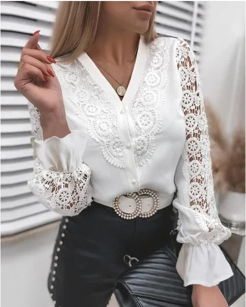 Women's Blouses White Office Spring Casual Button V-neck Long Sleeve Elegant Hook Flower Hollow Shirt For Female