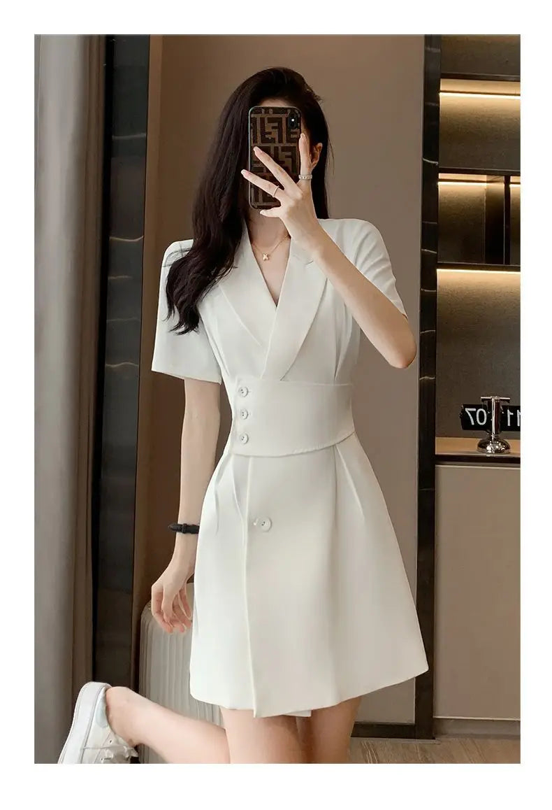 Summer New Office Lady Elegant Fashion Waist Dress Femme Short Sleeve Temperament Solid Robe Vestidos De Fiesta Women's Clothing