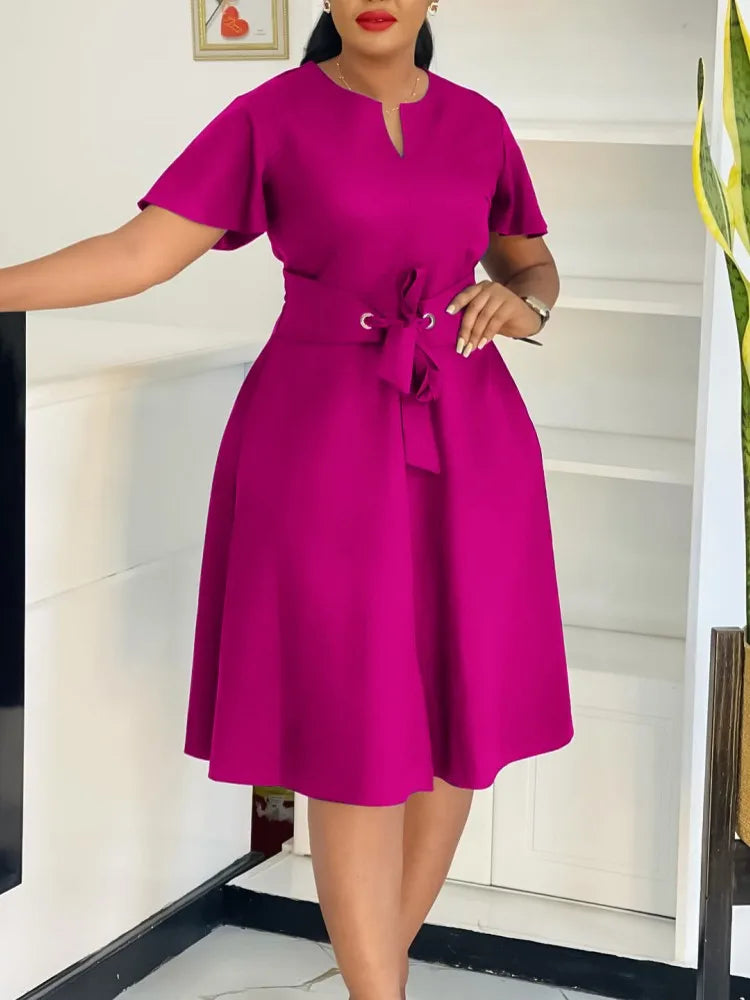 Plus Size Spring Summer New Solid Color Matching V-Neck Short Sleeves Fashion Commuting Slim Fit Midi Length Elegant Style Dress