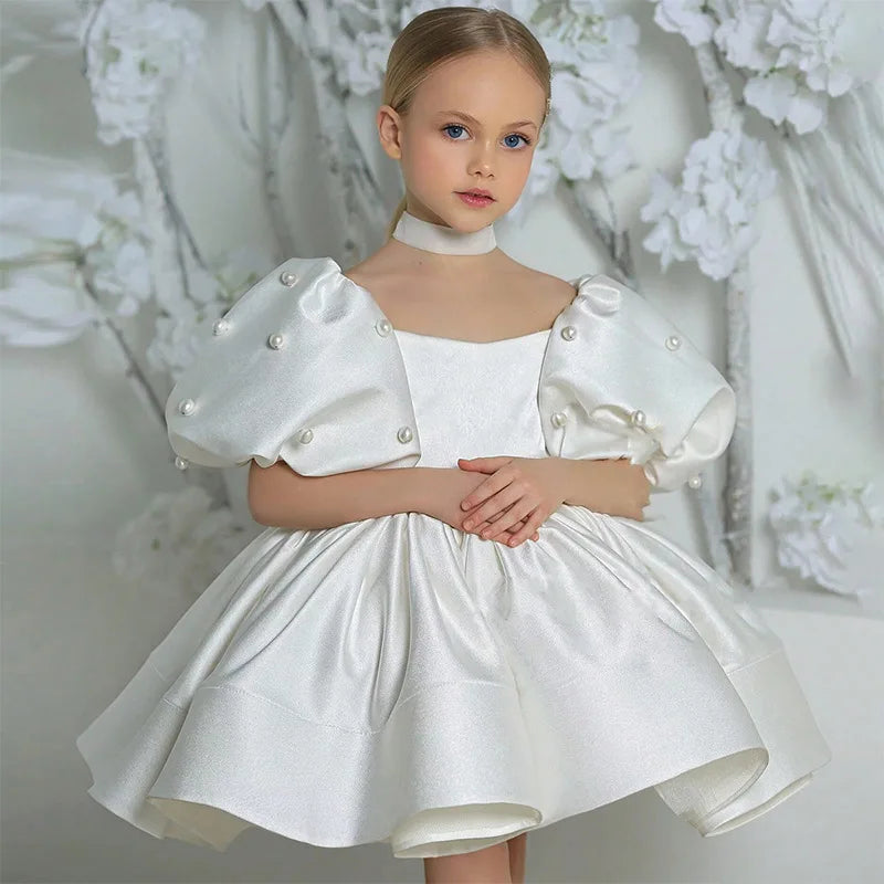 Kids Puffy Dress Pearl Decorated Girl Princess Dress Birthday Elegant Girls Party Dresses Children's Solid Bridesmaid Costume