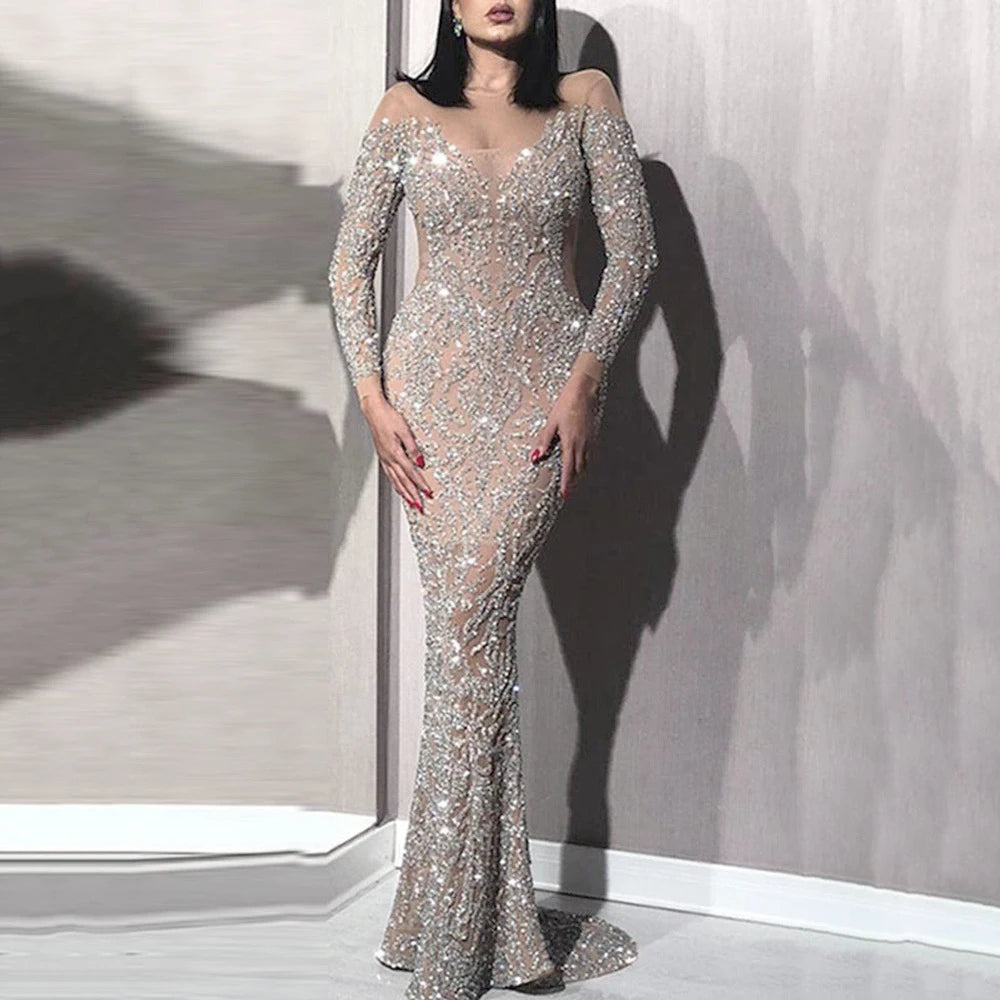 Women Luxurious Sequins Evening Dress Sexy See-through Crew Neck  Long Sleeve Slim High Waist Maxi Party Club Cocktail Dresses