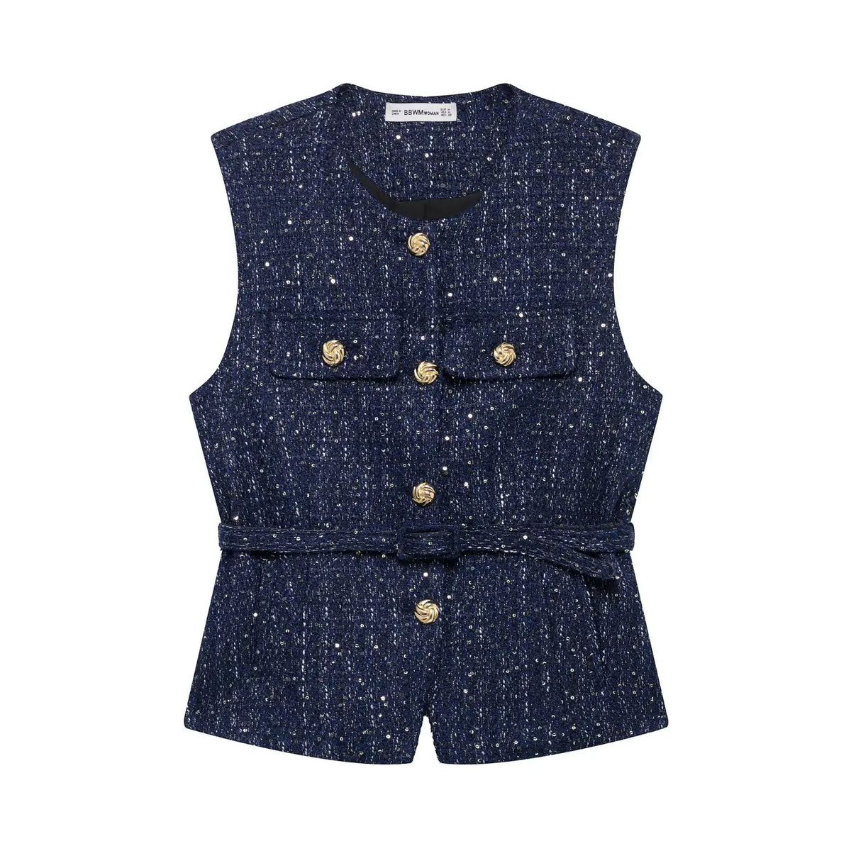 HH Women Fashion Tweed Belt Waistcoat O Neck Single Breasted Sleeveless Vests Spring Summer Office Lady Outerwear Chic Tops