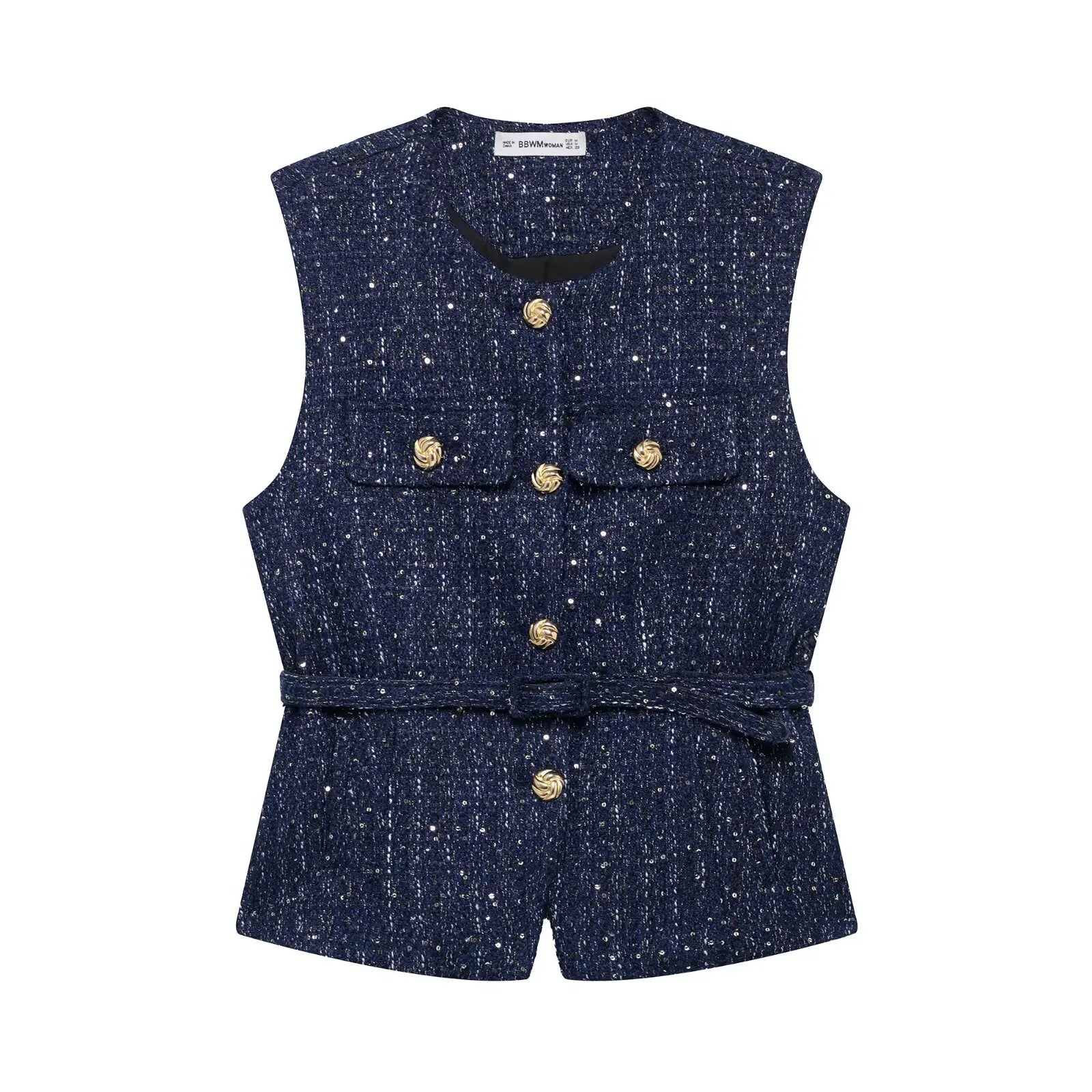 HH Women Fashion Tweed Belt Waistcoat O Neck Single Breasted Sleeveless Vests Spring Summer Office Lady Outerwear Chic Tops