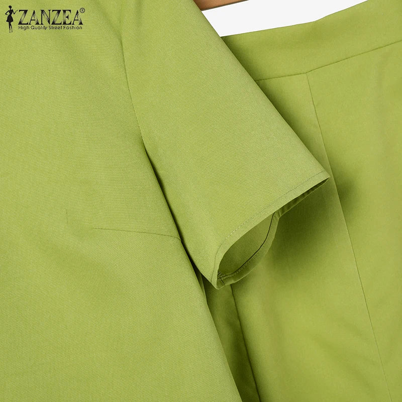 ZANZEA Fashion 2PCS Women Summer Dress Sets Summer Work OL Tracksuits Elegant Short Sleeve Blouse Sundress Casual Solid Outfits