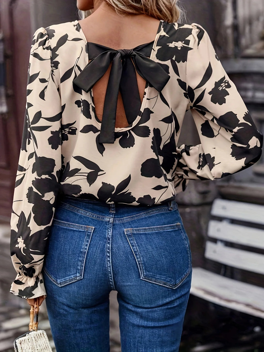 2025 Floral Printed Shirts Women'S Blouses Spring Autumn Vintage Bows Lace Up Single Breasted Backless Chic Shirts Tops Casual