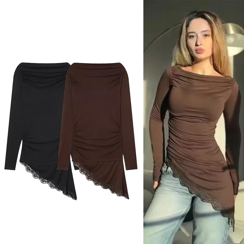 Women's T-Shirts Spring Autumn Fashion Lace Hem T Shirts for Women Asymmetry Streetwear Long Sleeve Slim Casual Tops