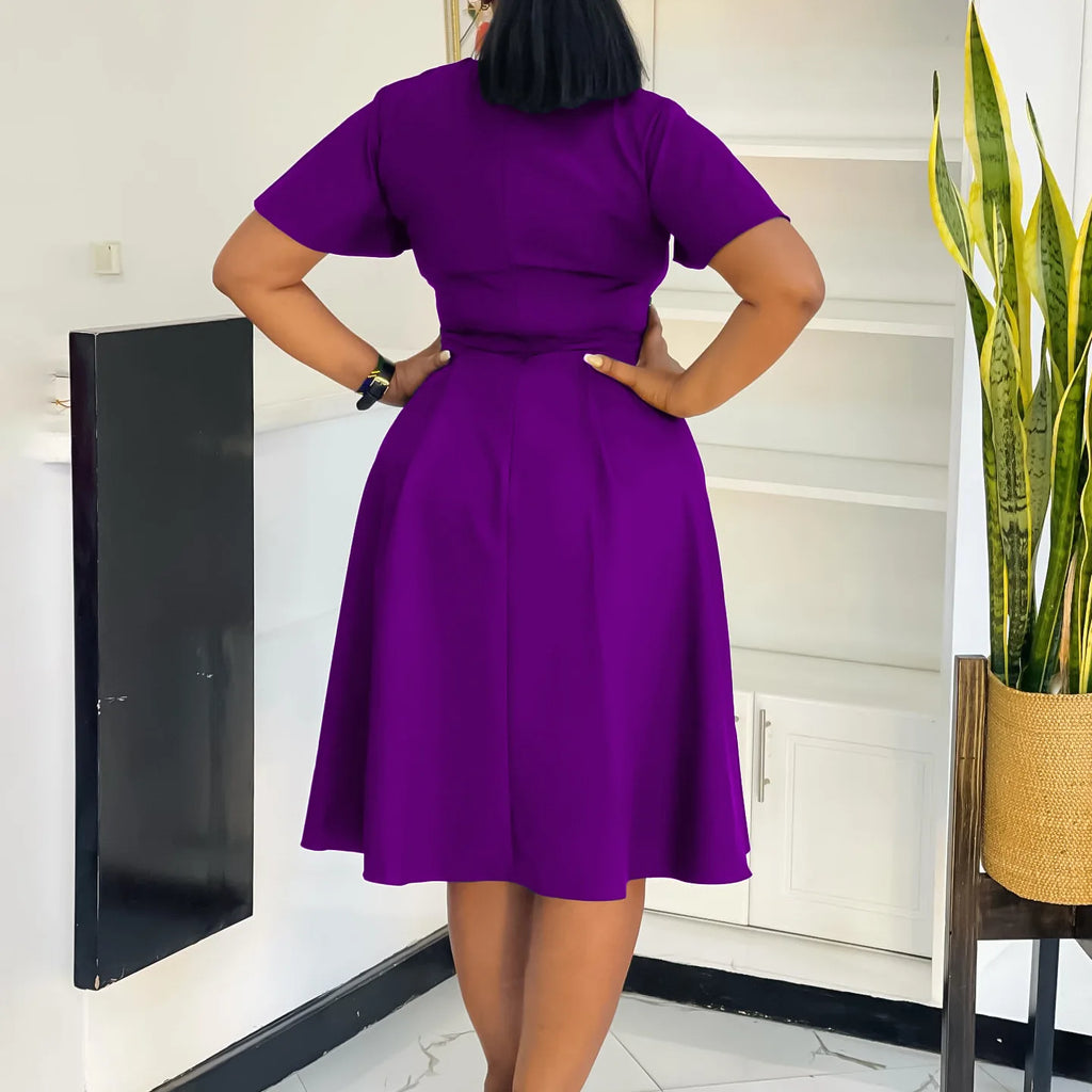 Plus Size Spring Summer New Solid Color Matching V-Neck Short Sleeves Fashion Commuting Slim Fit Midi Length Elegant Style Dress