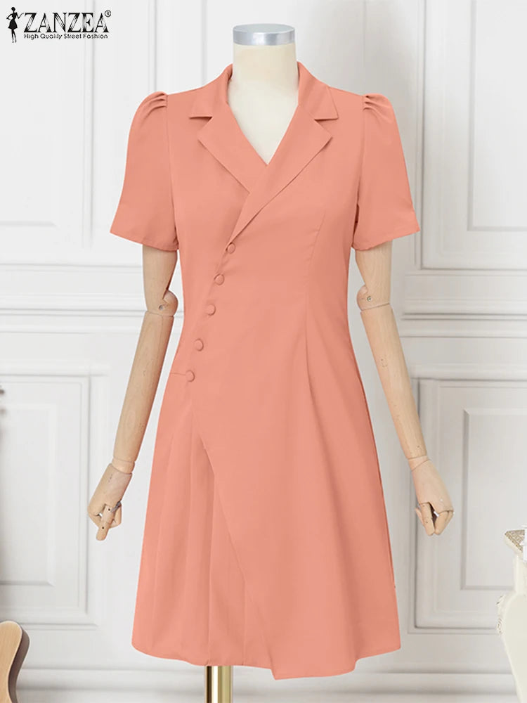 ZANZEA Women OL Work Dress Elegant Knee-Length Suits Sundress Summer 2025 Casual Short Sleeve Vestidos Solid Lapel Neck Robes