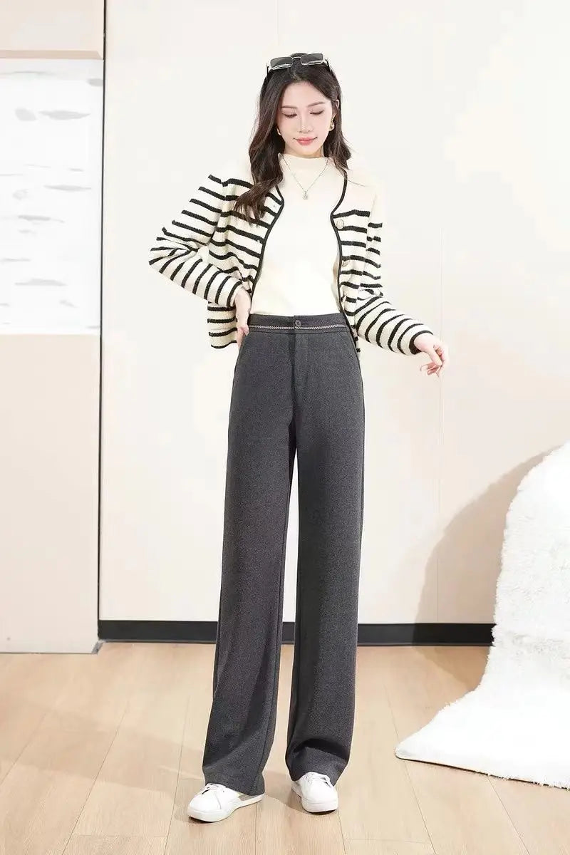 Fashion Office Lady Autumn Winter New Woolen Pants Women Solid Pockets Elastic High Waist Plus Velvet Straight Wide Leg Trousers