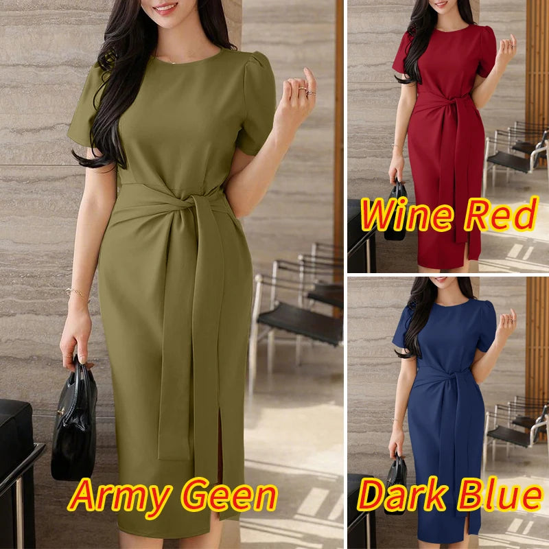 2025 Summer Dress ZANZEA Elegant Women Work OL Dresses Stylish Short Sleeve Slim Fit Party Vestidos Solid Lace Up Sundress Robe