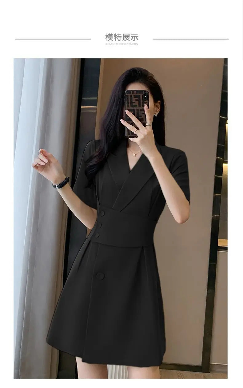 Summer New Office Lady Elegant Fashion Waist Dress Femme Short Sleeve Temperament Solid Robe Vestidos De Fiesta Women's Clothing