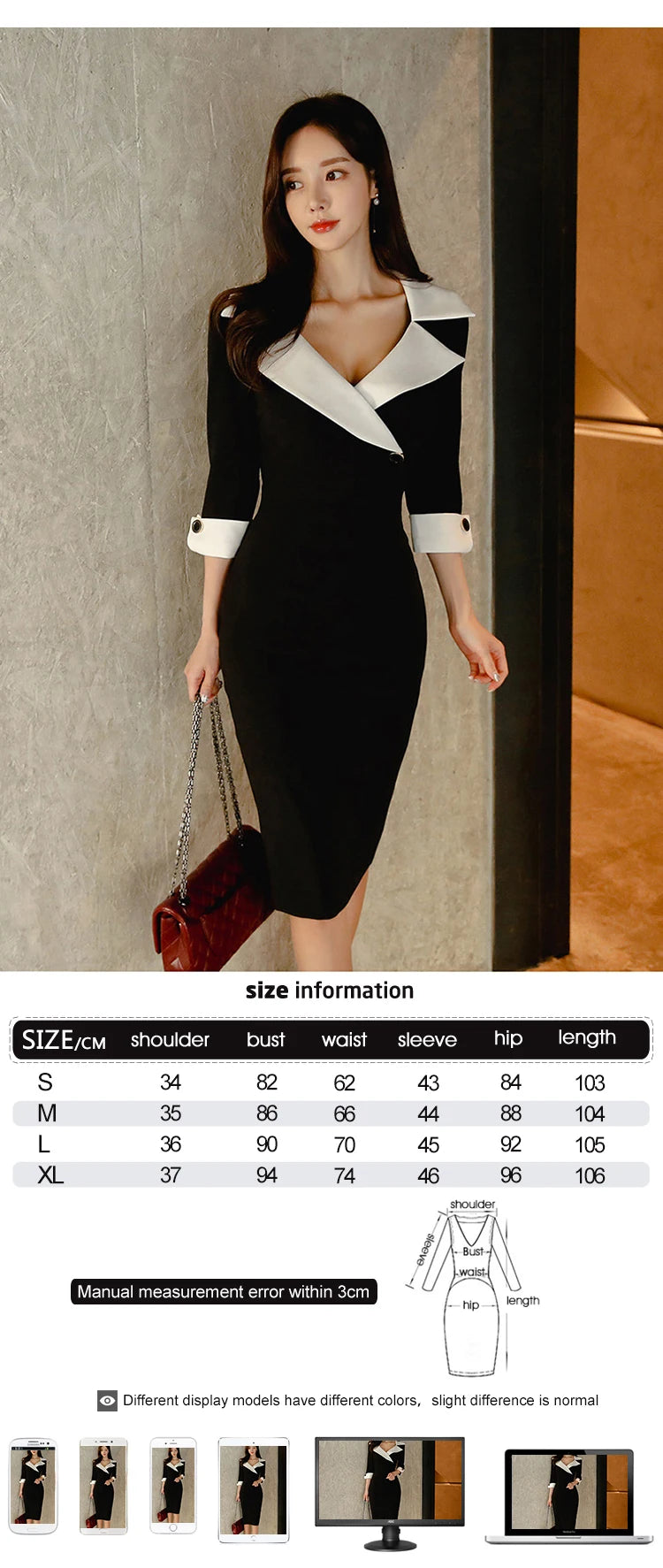 New Fashion Elegant Office Lady Women Dress Sexy Retro Casual Turn-Down Collar Black Formal Slim Midi Party Pencil Femme Vestido