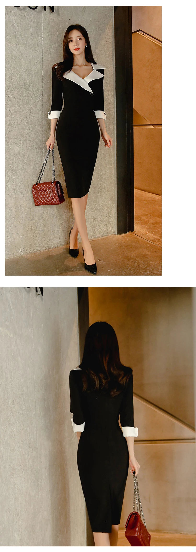 New Fashion Elegant Office Lady Women Dress Sexy Retro Casual Turn-Down Collar Black Formal Slim Midi Party Pencil Femme Vestido