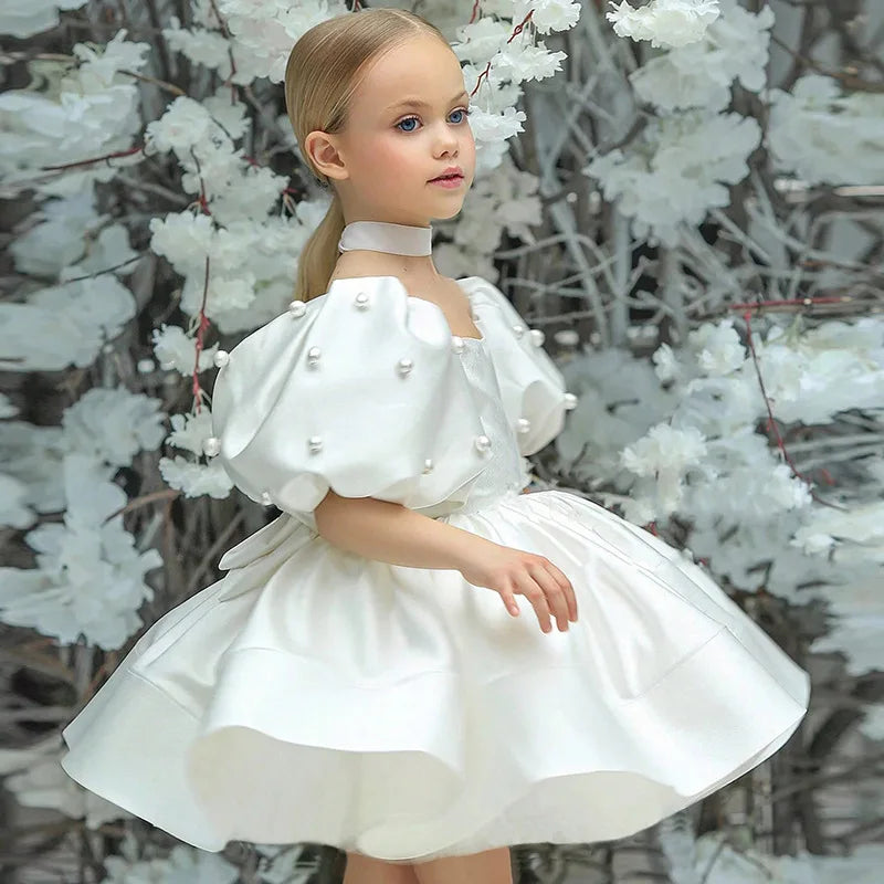Kids Puffy Dress Pearl Decorated Girl Princess Dress Birthday Elegant Girls Party Dresses Children's Solid Bridesmaid Costume