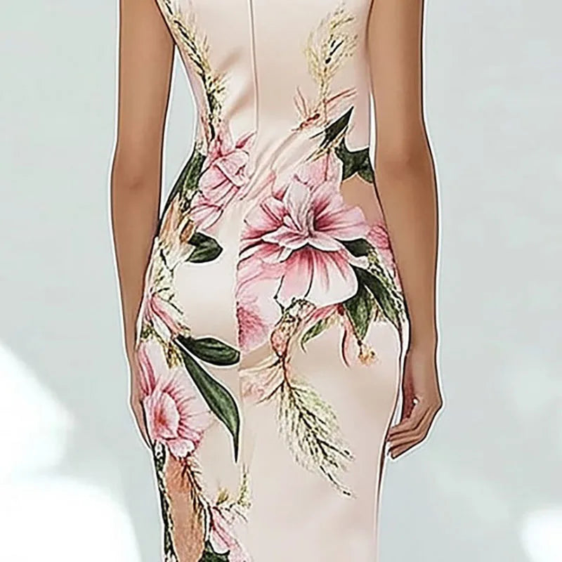 Summer Sleeveless Back Zipper Holiday Dress Fashion Floral Printed Slim Bodycon Party Dress Woman Elegant V Neck Commute Dresses