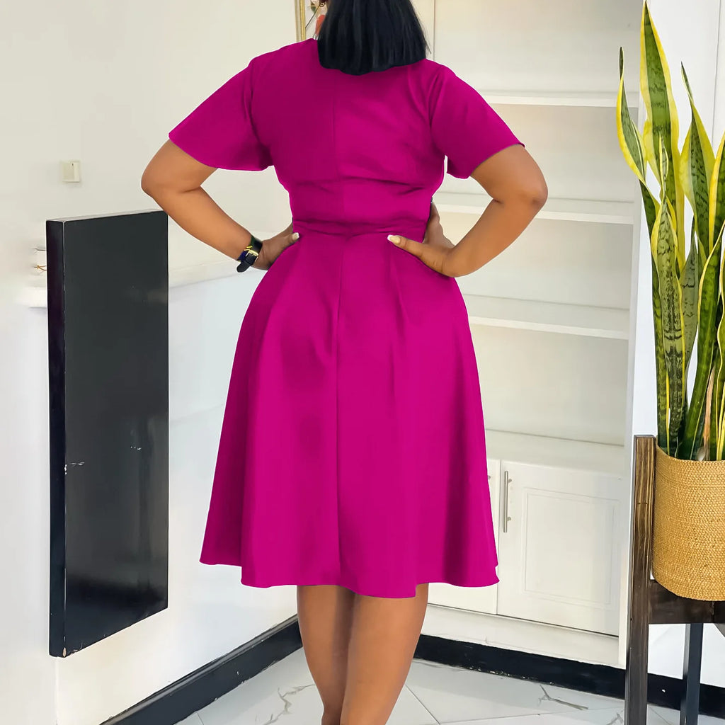 Plus Size Spring Summer New Solid Color Matching V-Neck Short Sleeves Fashion Commuting Slim Fit Midi Length Elegant Style Dress
