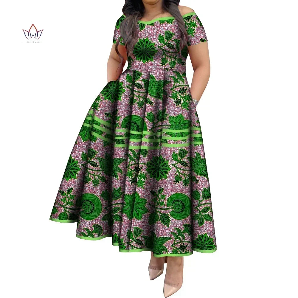 BintaRealWax African Dresses for Women Elegant African Print Short Sleeve High Waist Maxi Dress Africa Clothing WY3629