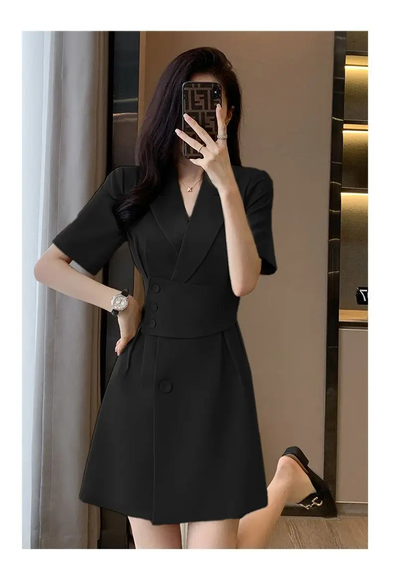 Summer New Office Lady Elegant Fashion Waist Dress Femme Short Sleeve Temperament Solid Robe Vestidos De Fiesta Women's Clothing