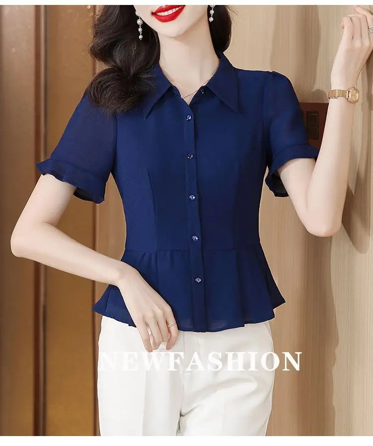 Women's Button Down Blouse Short Ruffle Sleeve Peplum Hem Chiffon Office Casual Top