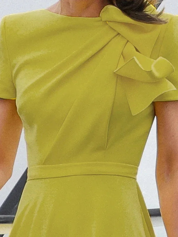 Green Yellow Officewear Dresses for Women 2026 Spring Summer O Neck Short Sleeve Bow High Waist Folds Elegant Midi Dress 182825