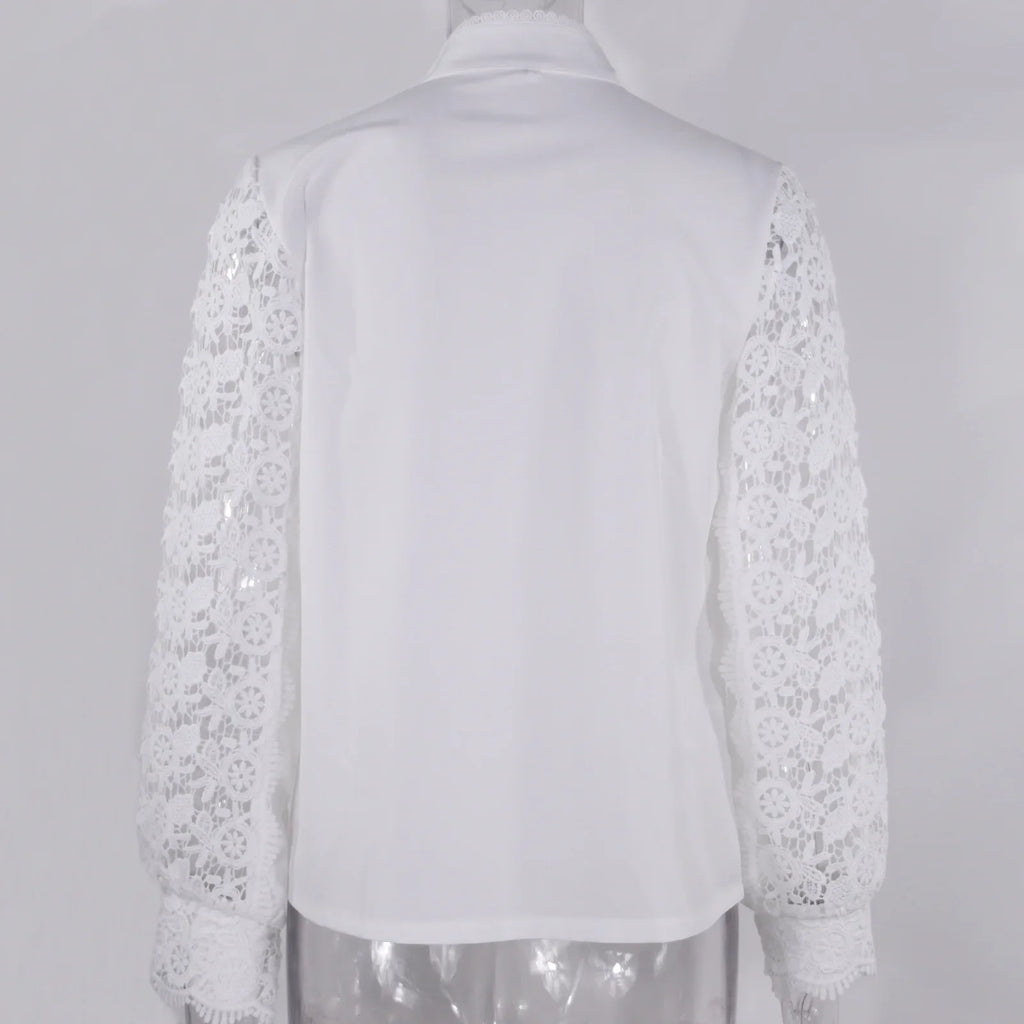 Women's Blouses White Office Spring Casual Button V-neck Long Sleeve Elegant Hook Flower Hollow Shirt For Female