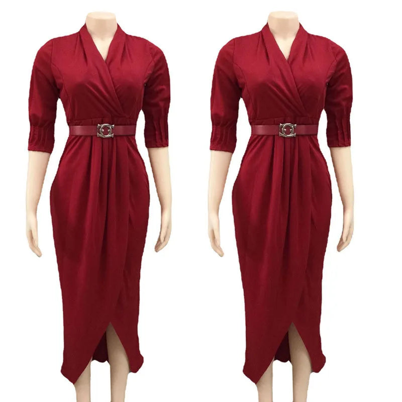 2024Elegant Office Ladies Dresses Women Fall Clothes Plus Size Long Sleeve Slim 3XL Dresses With Belt