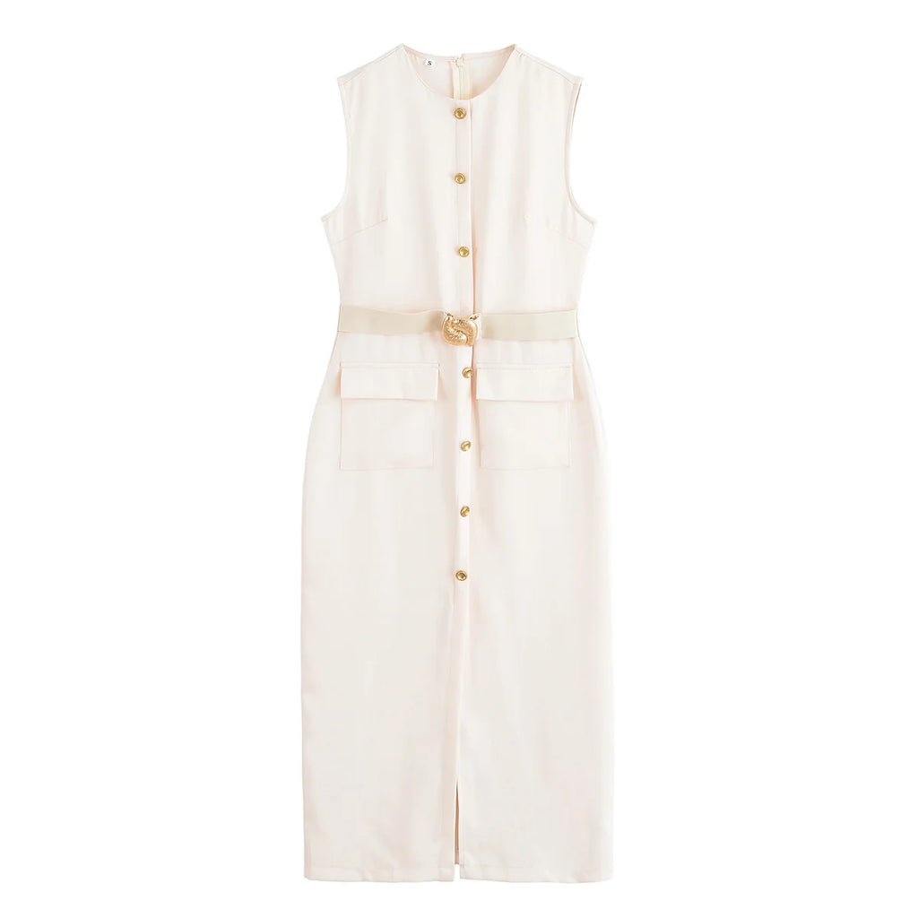 MUJER 2025 Womens Dresses Black Office Long Dresses for Women Spring Sleeveless Midi Dress Woman Belt Button Women's Dress Vest