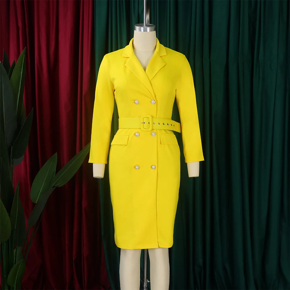 Office Dress Women Elegant Notched Collar Full Sleeve Belt Waisted Double Breasted Package Hips Mid Calf Formal Work Dress Midi