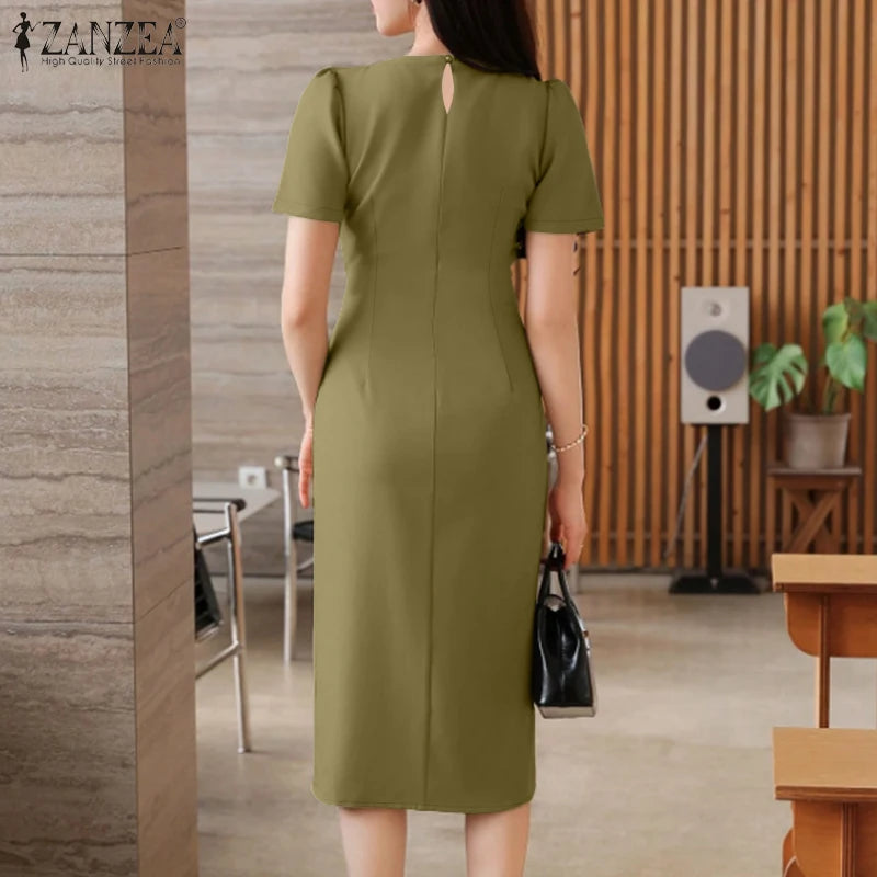 2025 Summer Dress ZANZEA Elegant Women Work OL Dresses Stylish Short Sleeve Slim Fit Party Vestidos Solid Lace Up Sundress Robe
