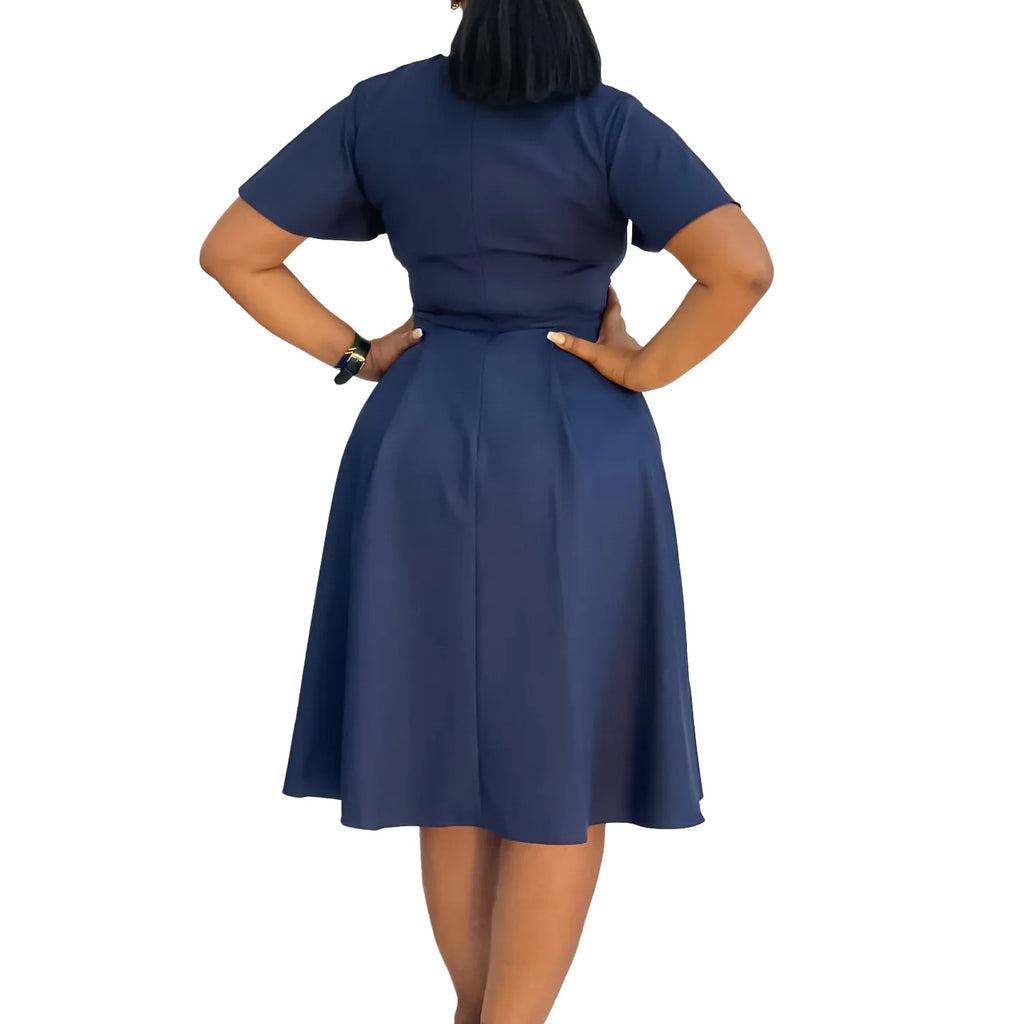 Plus Size Spring Summer New Solid Color Matching V-Neck Short Sleeves Fashion Commuting Slim Fit Midi Length Elegant Style Dress