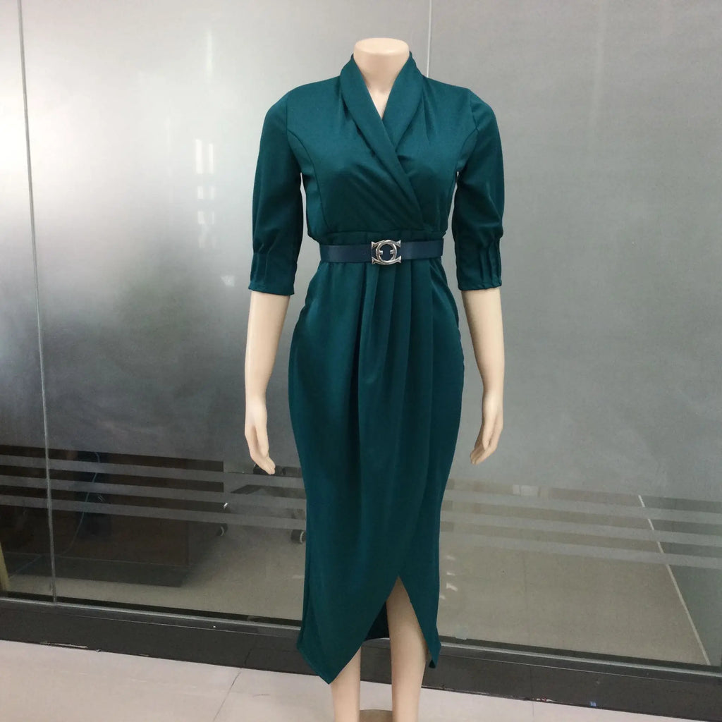 2024Elegant Office Ladies Dresses Women Fall Clothes Plus Size Long Sleeve Slim 3XL Dresses With Belt
