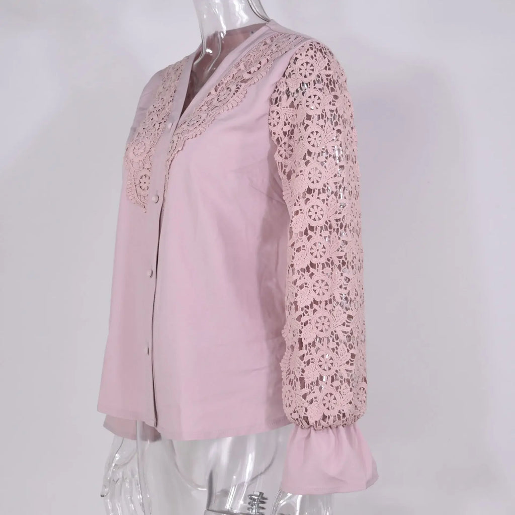 Women's Blouses White Office Spring Casual Button V-neck Long Sleeve Elegant Hook Flower Hollow Shirt For Female
