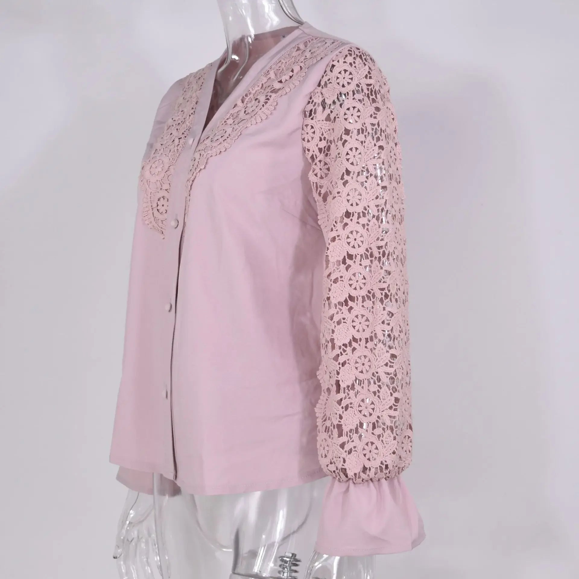 Women's Blouses White Office Spring Casual Button V-neck Long Sleeve Elegant Hook Flower Hollow Shirt For Female