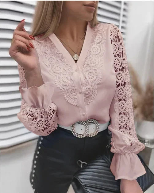 Women's Blouses White Office Spring Casual Button V-neck Long Sleeve Elegant Hook Flower Hollow Shirt For Female