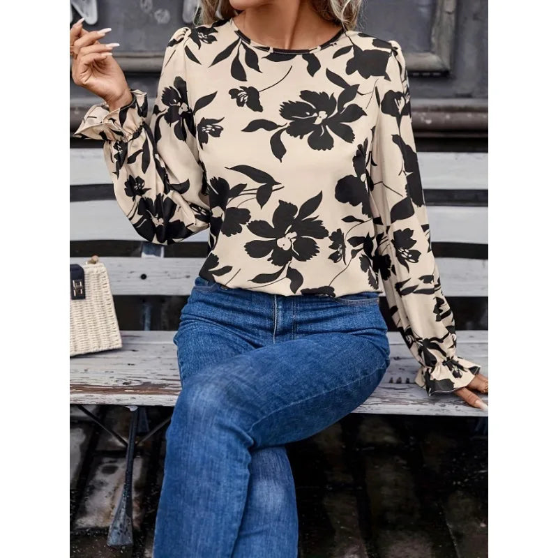 2025 Floral Printed Shirts Women'S Blouses Spring Autumn Vintage Bows Lace Up Single Breasted Backless Chic Shirts Tops Casual