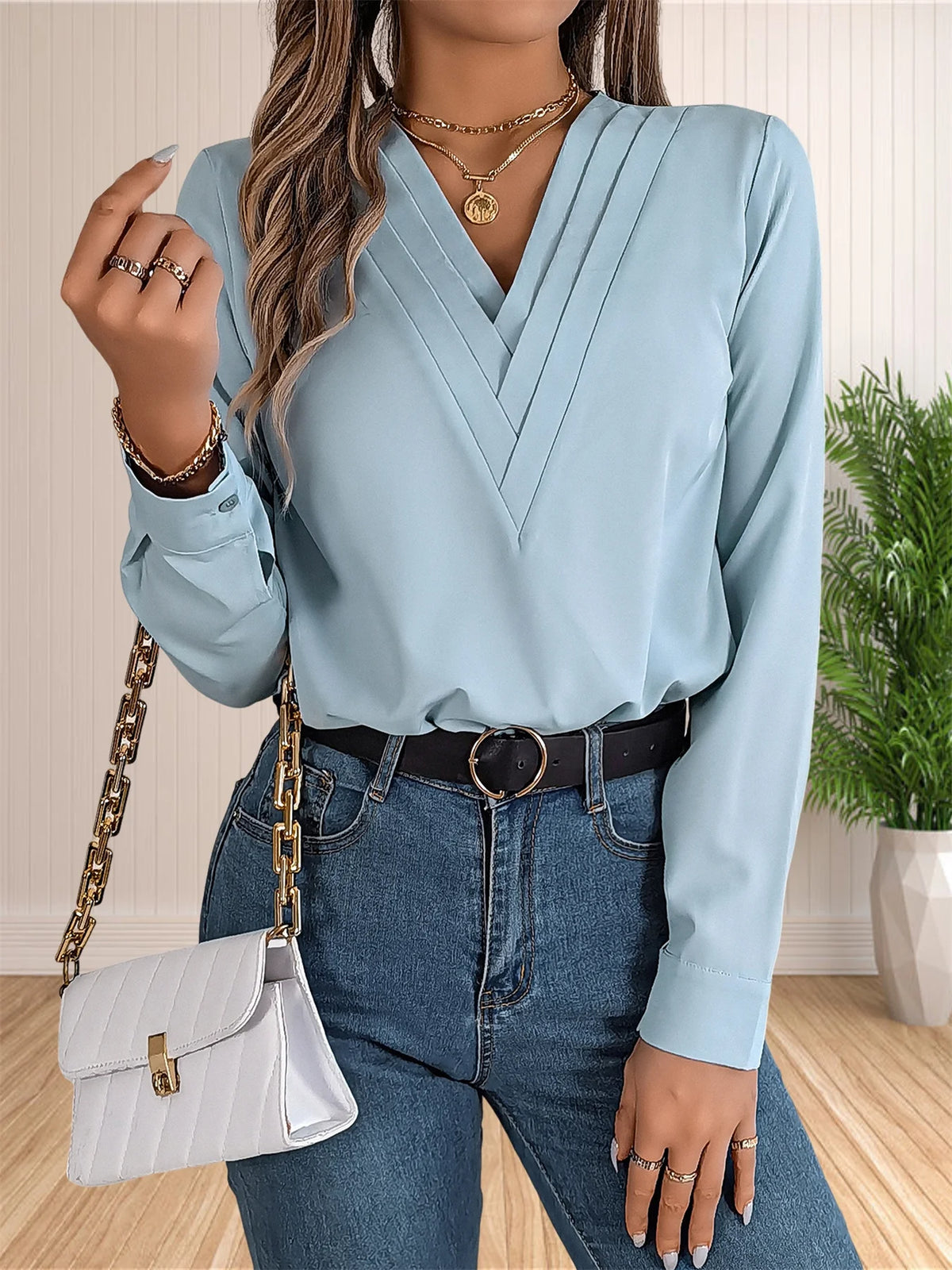 Women's Elegant Business Office Blouse Layered V Neck Long Sleeve 2024 Dressy Shirts Work Tops