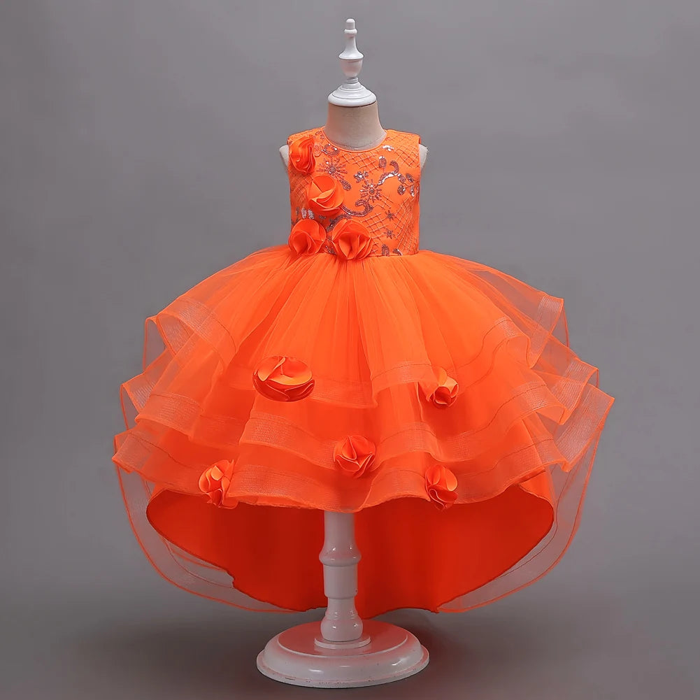 New Orange Flower Girl Princess Tail Dress for   3 to 12 Year KID Birthday Party Dresses