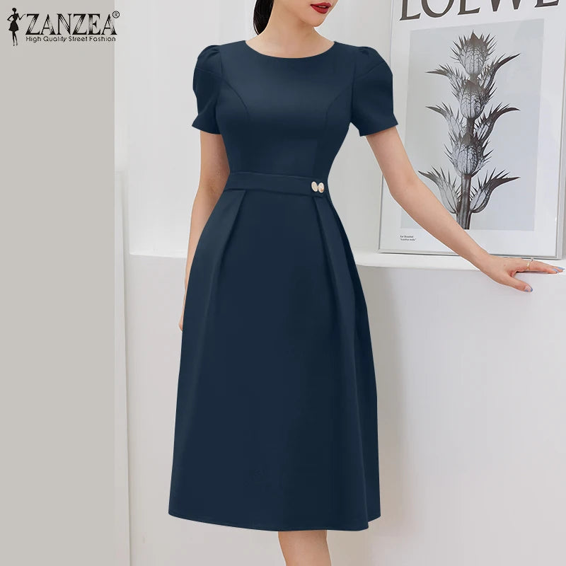 ZANZEA Office Women Dresses 2025 Fashion Summer Dress Elegant O Neck Short Sleeve Work Midi Vestido Stylish Solid Party Sundress