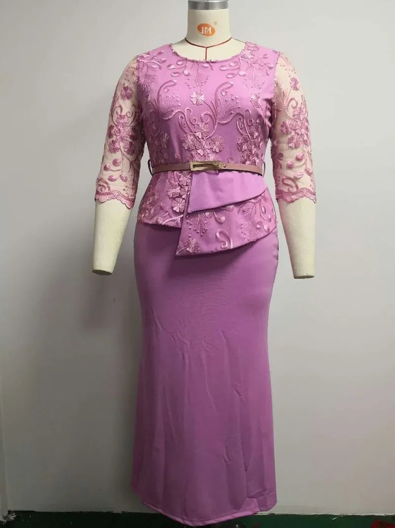 4XL 5XL Plus Size 2025 Christmas Dresses Women O Neck 3/4 Sleeve Long Maxi Dress Fashion Lace Patchwork Night Party Dress