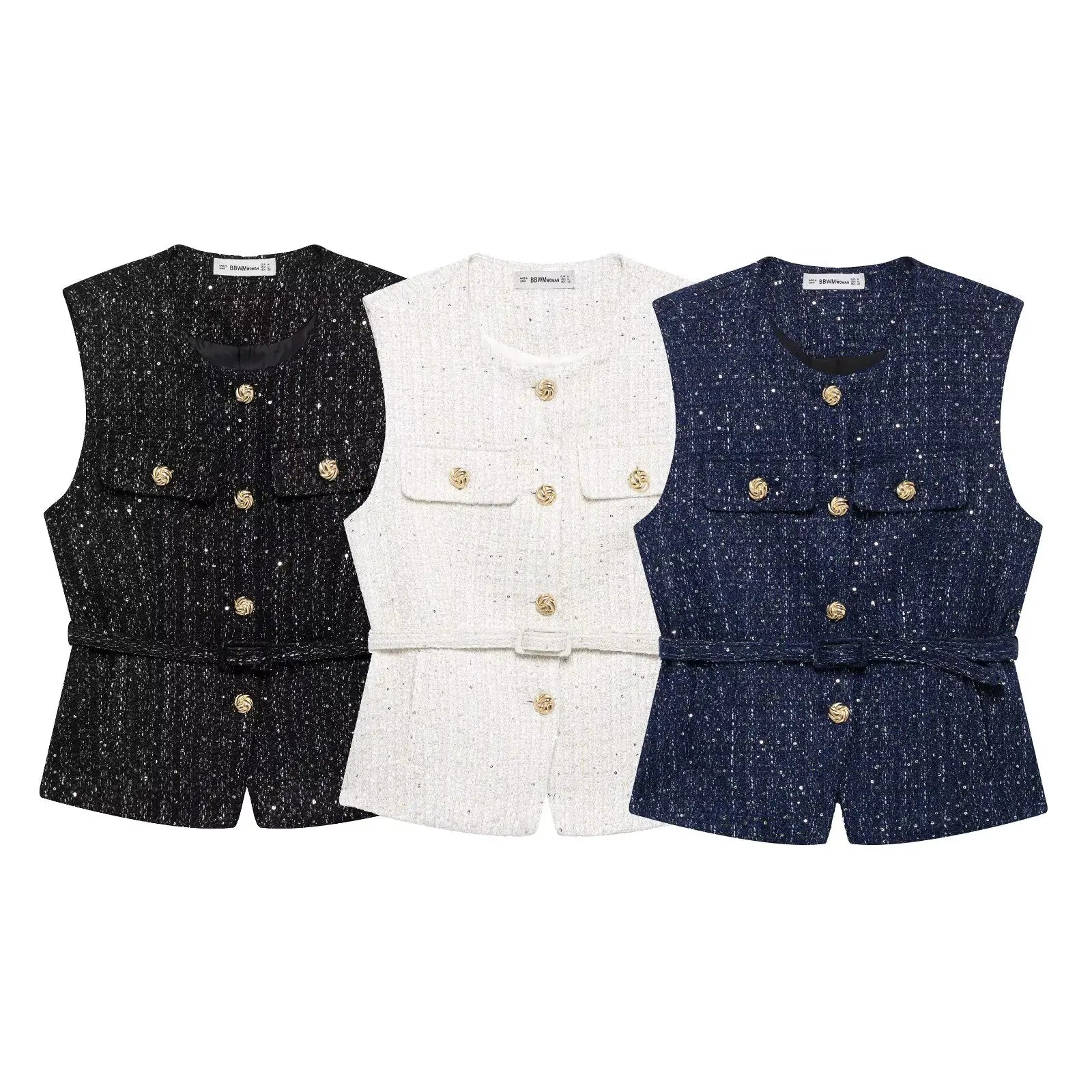 HH Women Fashion Tweed Belt Waistcoat O Neck Single Breasted Sleeveless Vests Spring Summer Office Lady Outerwear Chic Tops