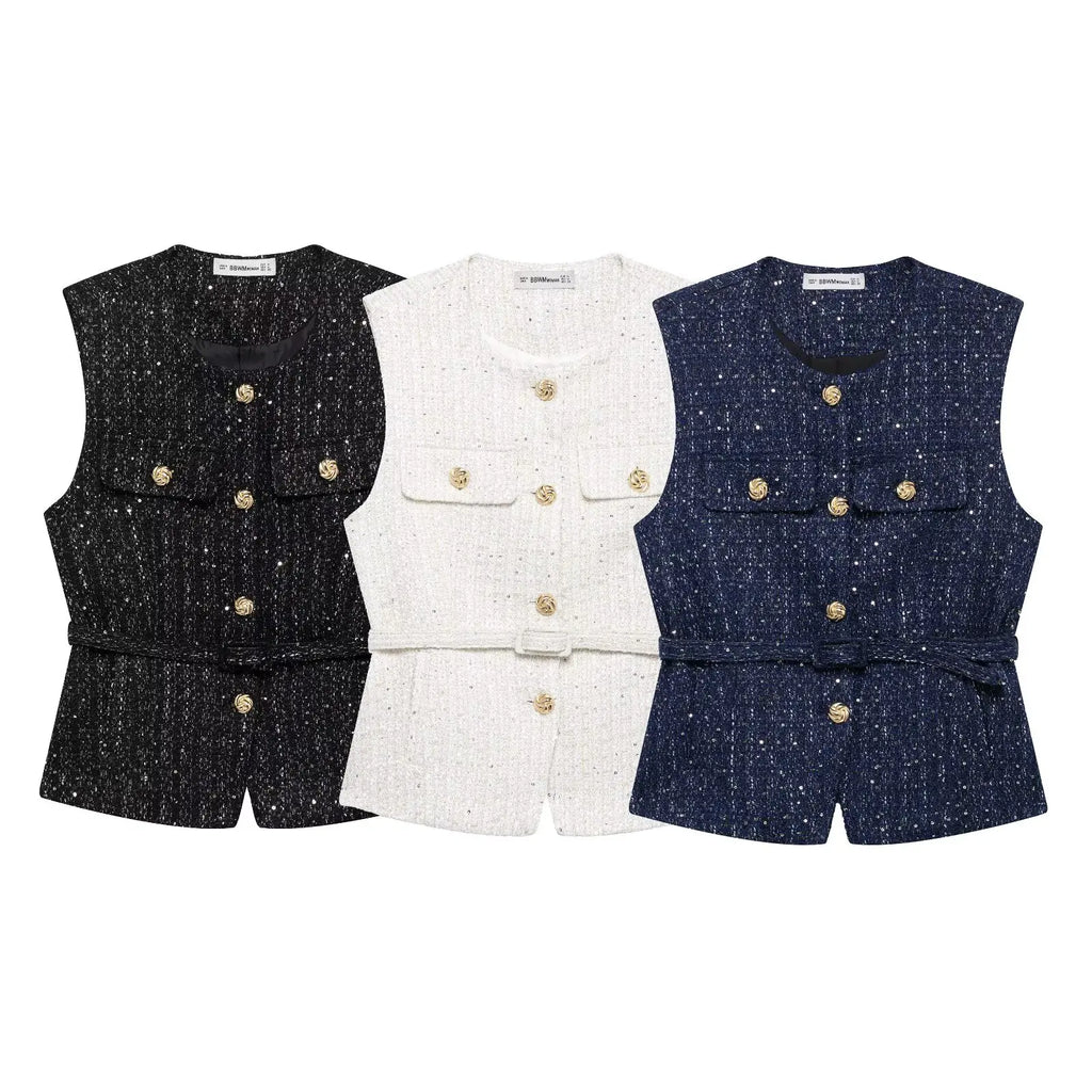 HH Women Fashion Tweed Belt Waistcoat O Neck Single Breasted Sleeveless Vests Spring Summer Office Lady Outerwear Chic Tops