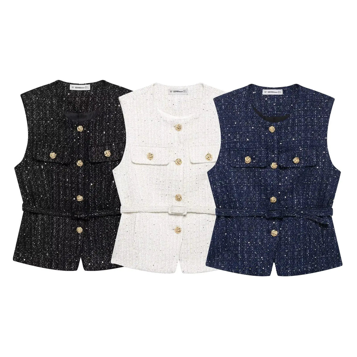 HH Women Fashion Tweed Belt Waistcoat O Neck Single Breasted Sleeveless Vests Spring Summer Office Lady Outerwear Chic Tops