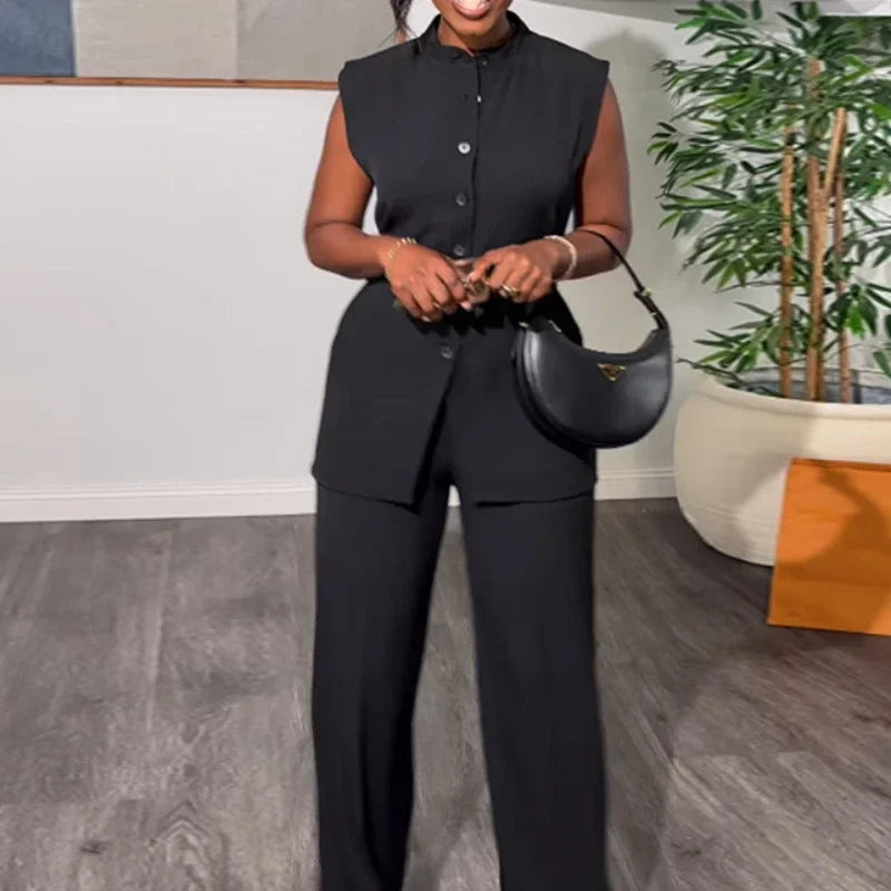 Women Wide Leg Pant Sets Two Piece Set Black Shirt Top & Cuffed Pants Set Suit Loose O Neck High Waist Elegant Trousers Suits