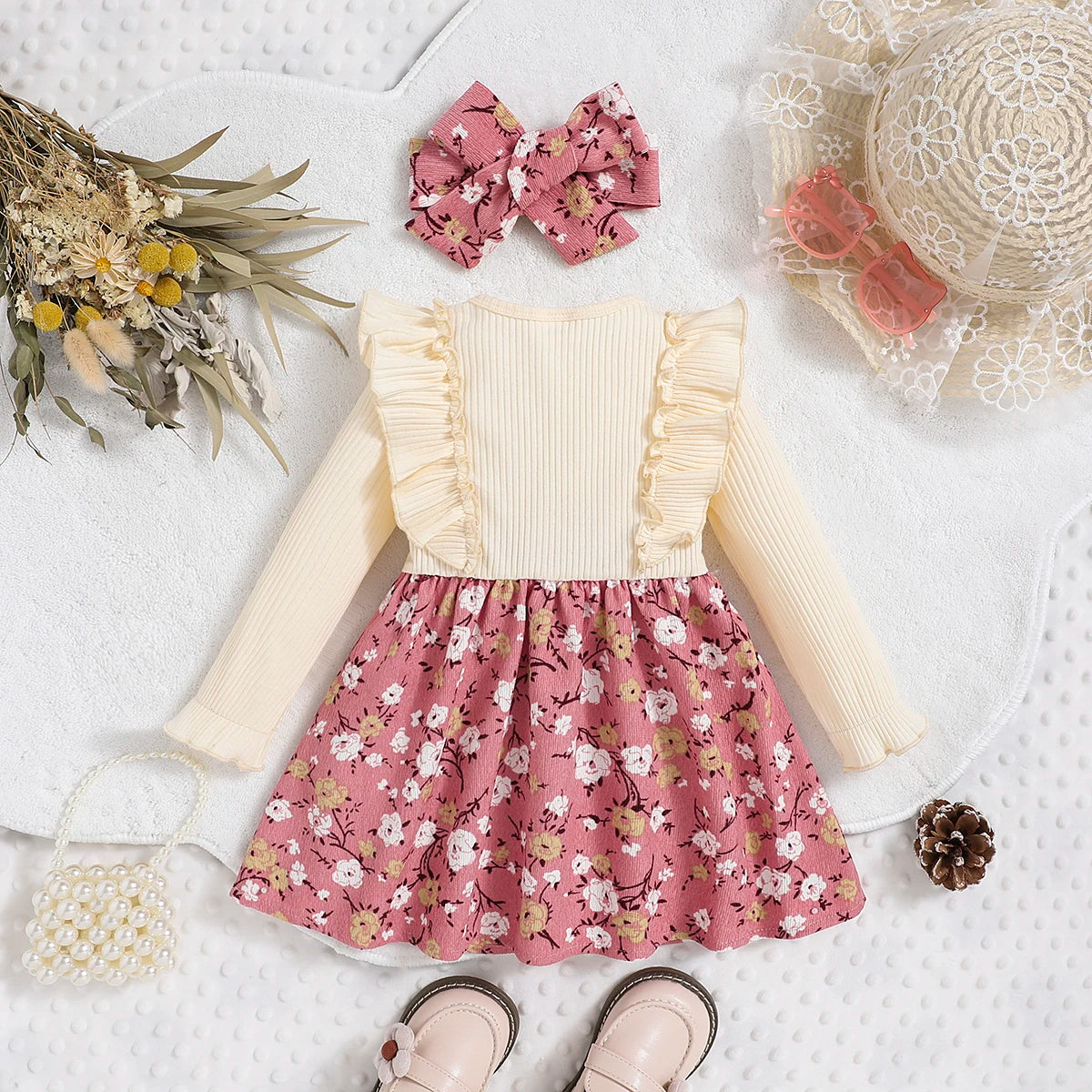 Girls Soft Floral Dress with Yellow Knitted Top And Layered Ruffle Sleeves Pink Flared Skirt Detail Sweet And Gentle Style