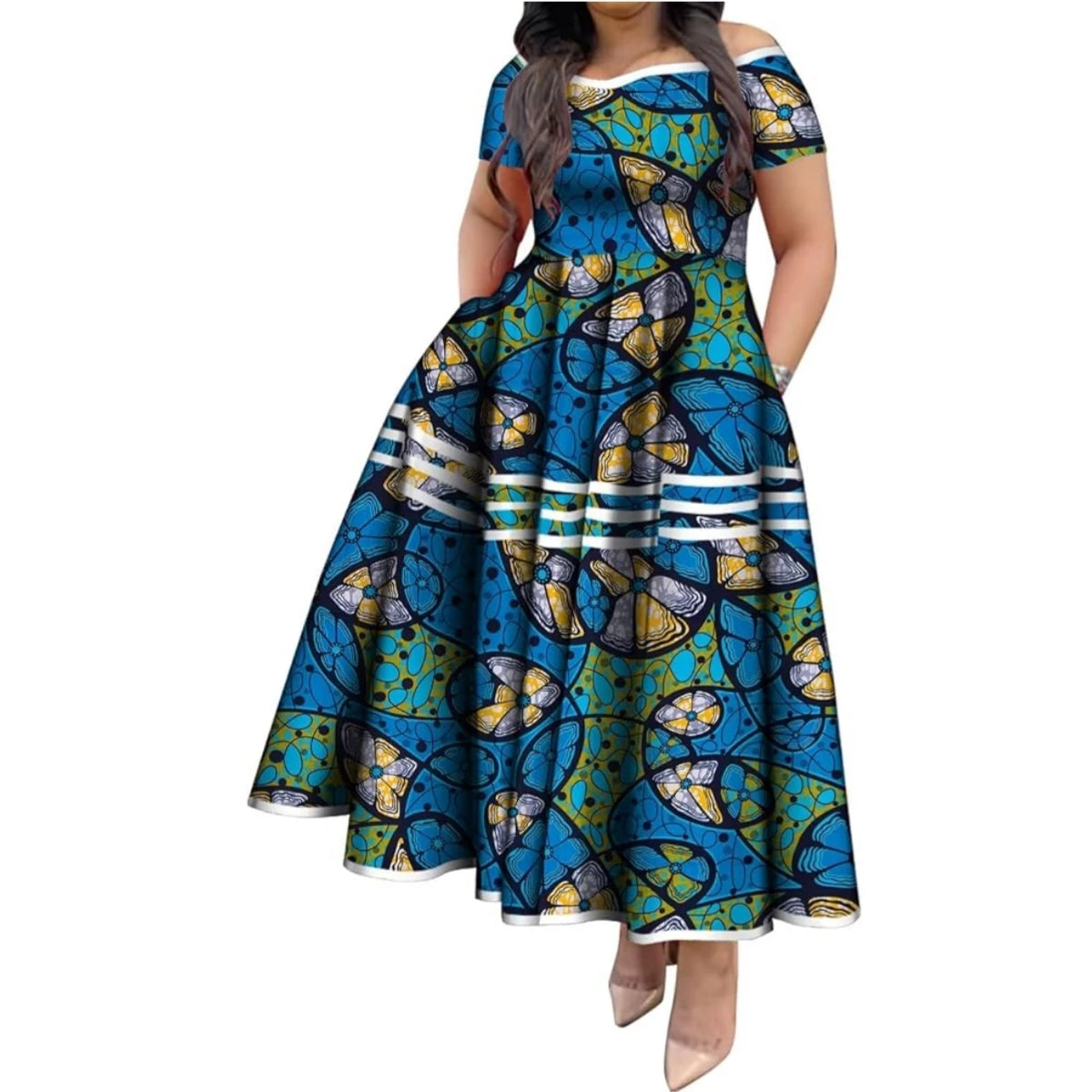 BintaRealWax African Dresses for Women Elegant African Print Short Sleeve High Waist Maxi Dress Africa Clothing WY3629