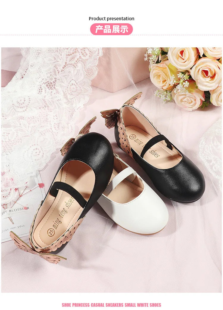 Girls' Leather Shoes 2023 Spring Soft Bottom Butterfly Student Princess Shoes Fashion Slip-on Casual Flats Dancing Shoes 25-30