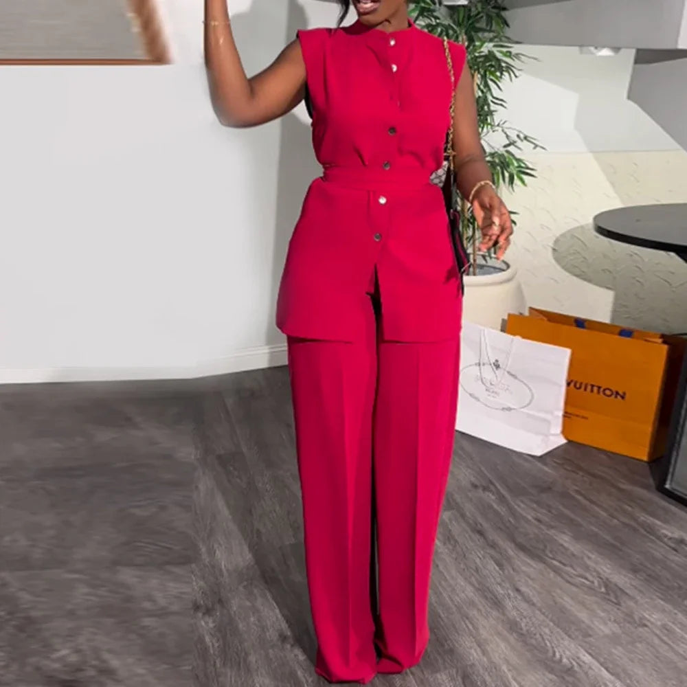 Women Wide Leg Pant Sets Two Piece Set Black Shirt Top & Cuffed Pants Set Suit Loose O Neck High Waist Elegant Trousers Suits