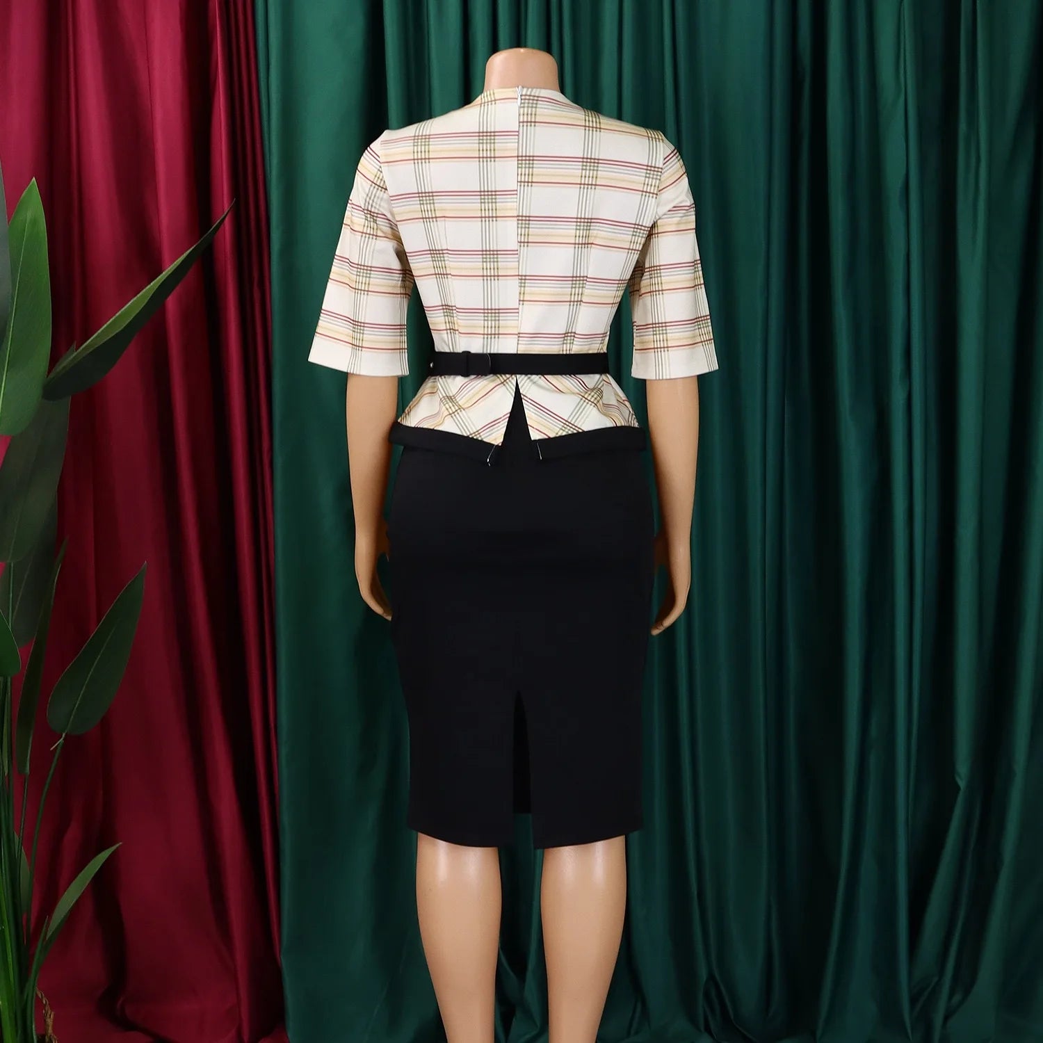 Elegant Office Ladies Dresses for Women O Neck Half Sleeve Plaid Patchwork Sheath Package Hips Female Business Work Wear Dress
